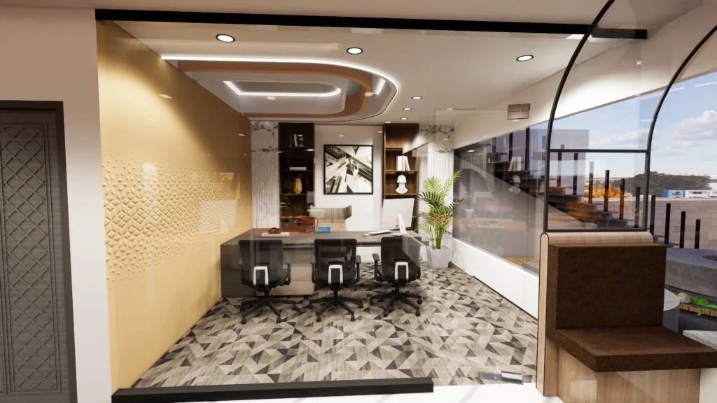 Premium glass office cabin interior with curved ceiling lighting, ergonomic seating and city view designed by Amartya Architects for modern workspaces.