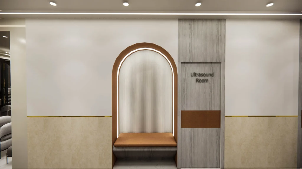 Clinic corridor seating design with arched niche, soft lighting and calm finishes by Amartya Architects for patient-friendly healthcare interiors.