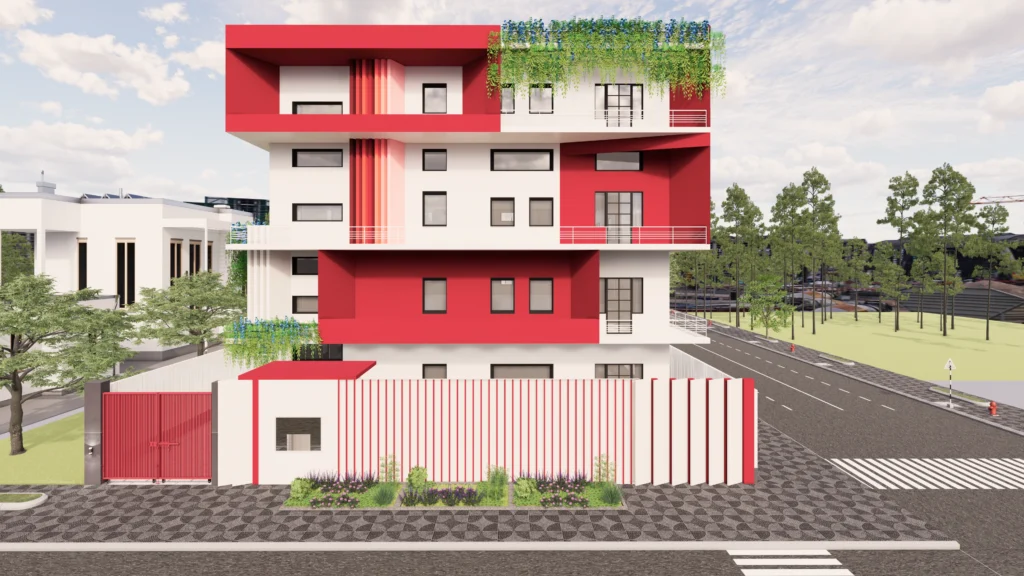 Modern commercial building exterior design with red and white facade, contemporary elevation and boundary wall by Amartya Architects