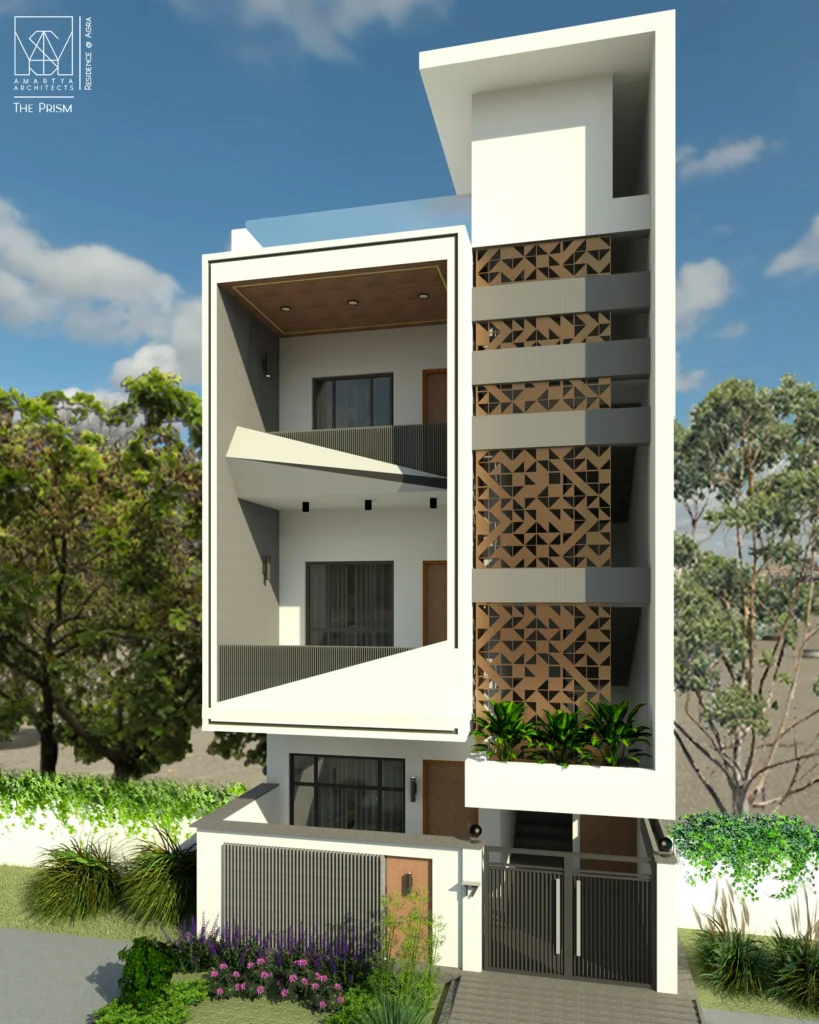 Modern residential house elevation with geometric facade and balconies designed by Amartya Architects, showcasing expertise of best residential architects and modern architects near me