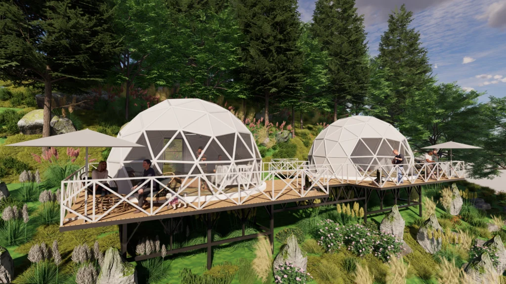 Luxury geodesic dome resort architecture elevated on a landscaped hillside with wooden decks and forest views, designed by commercial architects near me and hospitality architecture firms offering architectural design services, landscape architecture services and sustainable resort planning by registered architects near me.