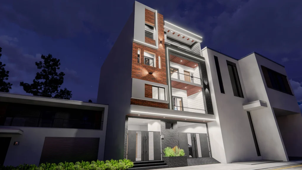 Modern three-storey residential house elevation with exposed brick façade, white plastered volumes, warm wooden ceiling accents and linear LED lighting, designed by residential architects in Delhi. This contemporary home showcases thoughtful residential architecture, ideal for clients searching for a house architect near me, new home architect, or modern residential architects offering architectural design and interior design services in Delhi NCR
