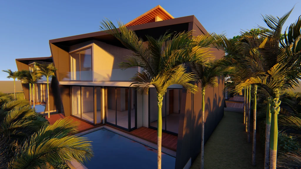 Modern luxury villa architecture with swimming pool, palm landscaping and large glass openings, designed by residential architects near me offering architectural design services and landscape architecture by registered architects near me.