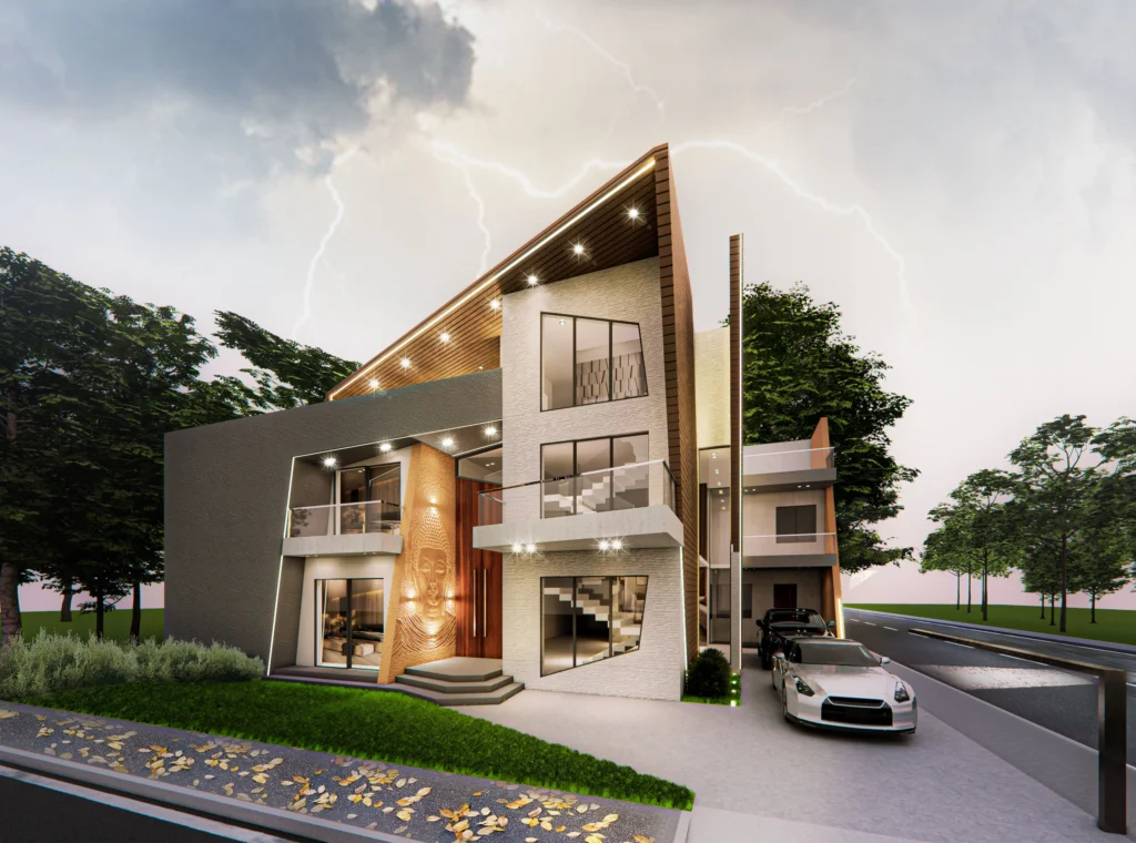 Modern luxury villa exterior night view designed by Amartya Architects, contemporary residential house elevation with premium lighting, sloping roof design and landscaped surroundings