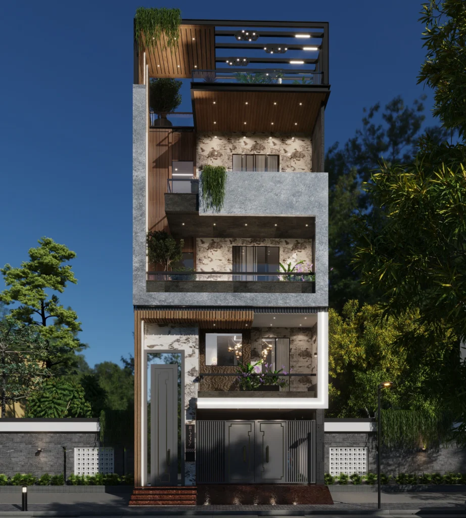 Modern narrow-plot residential house elevation with balconies, textured stone facade, greenery and warm lighting designed by Amartya Architects in Delhi.