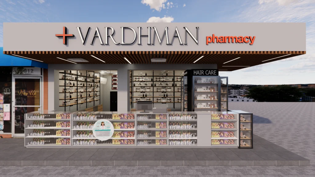 Modern pharmacy exterior design with illuminated signage, glass display counters, wooden soffit ceiling and organized retail storefront layout