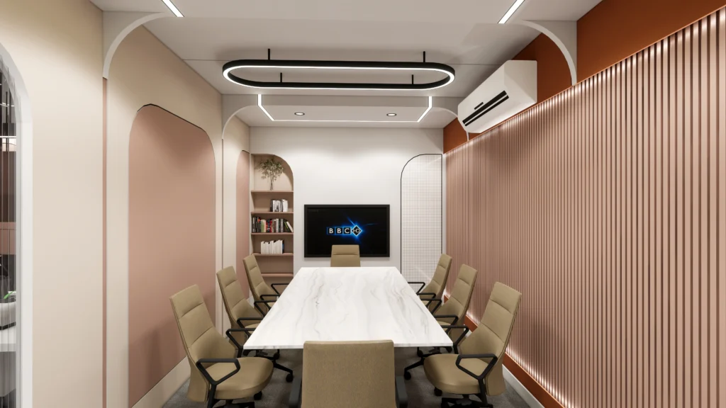 Modern office conference room interior with marble meeting table, ergonomic chairs, acoustic wall panels and contemporary ceiling lighting, designed by commercial interior designers near me and architectural design services offering office architecture design and interior architects near me solutions.