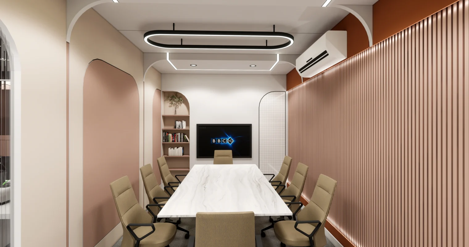 Modern office conference room interior with marble meeting table, ergonomic chairs, acoustic wall panels and contemporary ceiling lighting, designed by commercial interior designers near me and architectural design services offering office architecture design and interior architects near me solutions.