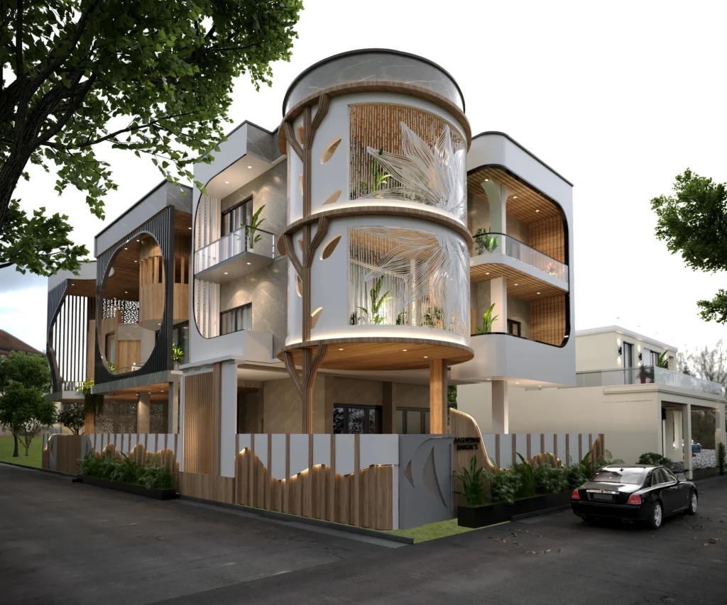Contemporary residential building corner view featuring rounded façade design, cantilevered balconies, warm wood finishes and greenery integration