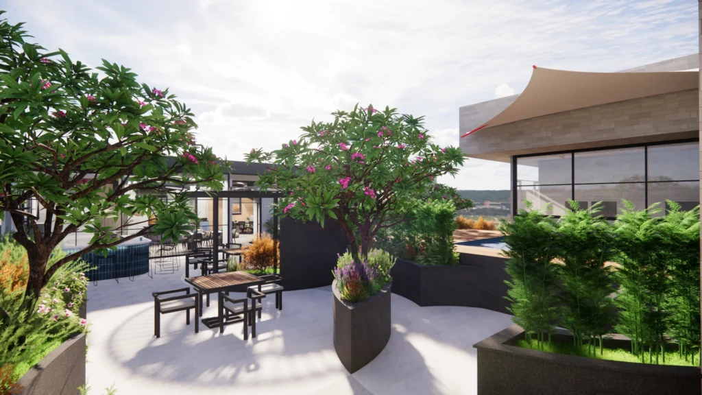 Luxury rooftop landscape design with seating, planters and shaded pergola by Amartya Architects, showcasing modern landscape architecture and outdoor leisure planning.