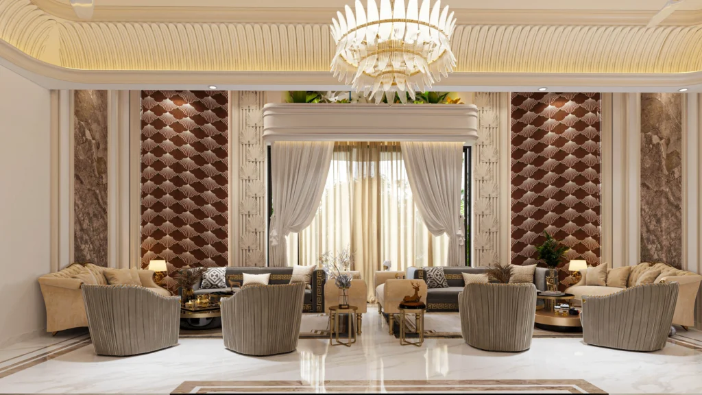 Luxury living room interior with double-height ceiling, designer chandelier, patterned wall panels, plush seating and elegant marble flooring