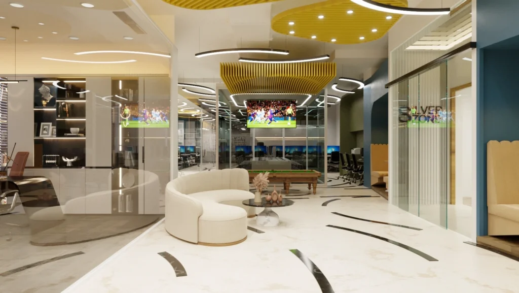 Luxury office lounge interior with curved seating, statement ceiling design, glass cabins, and modern finishes designed by Amartya Architects.