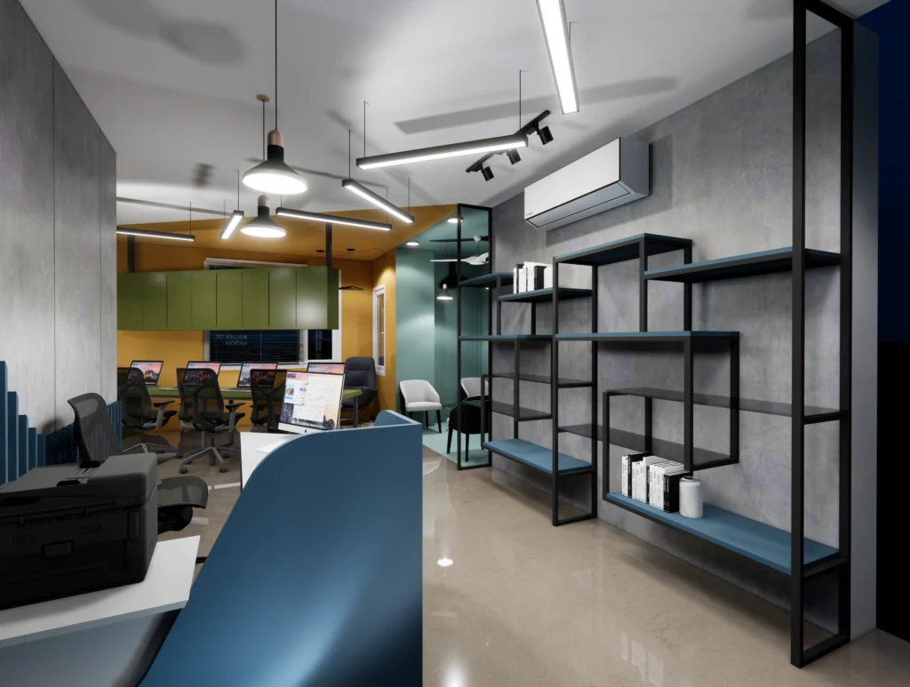 Modern open office interior with workstations, metal shelving, industrial lighting and polished flooring, showcasing contemporary office design by Amartya Architects