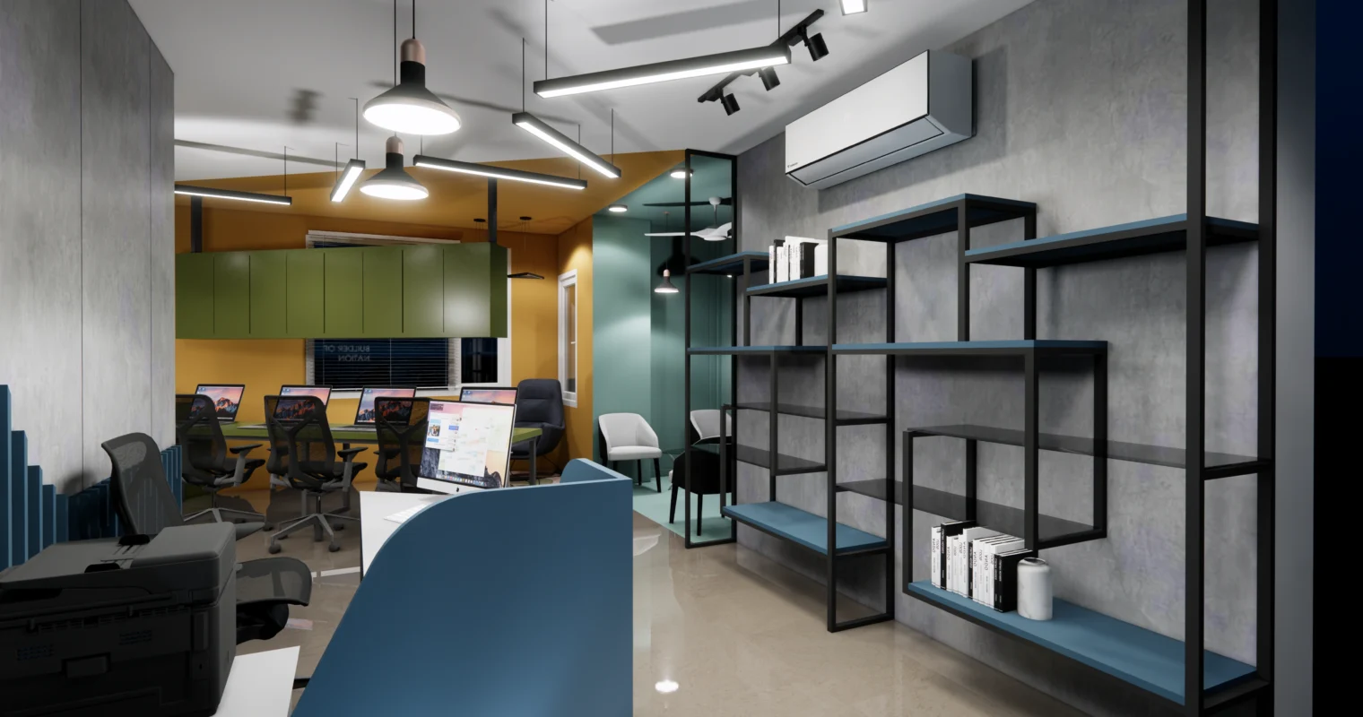 Modern open office interior with workstations, metal shelving, industrial lighting and polished flooring, showcasing contemporary office design by Amartya Architects