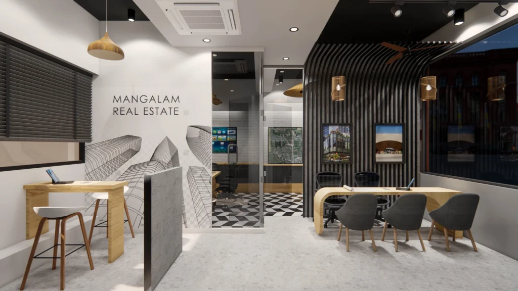 Contemporary real estate office interior with meeting zone, curved wooden furniture and glass partitions designed by Amartya Architects in Delhi.