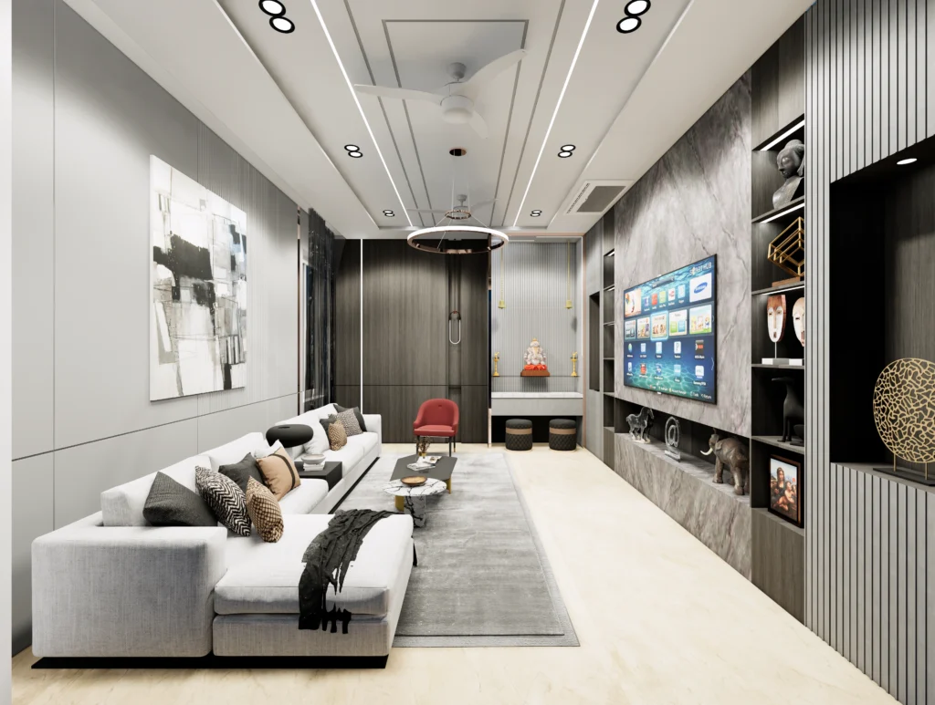 Modern luxury living room interior with L-shaped sofa, custom TV unit, textured wall panels and contemporary ceiling lighting, designed by interior designer near me and residential interior designers near me offering modern home interior design