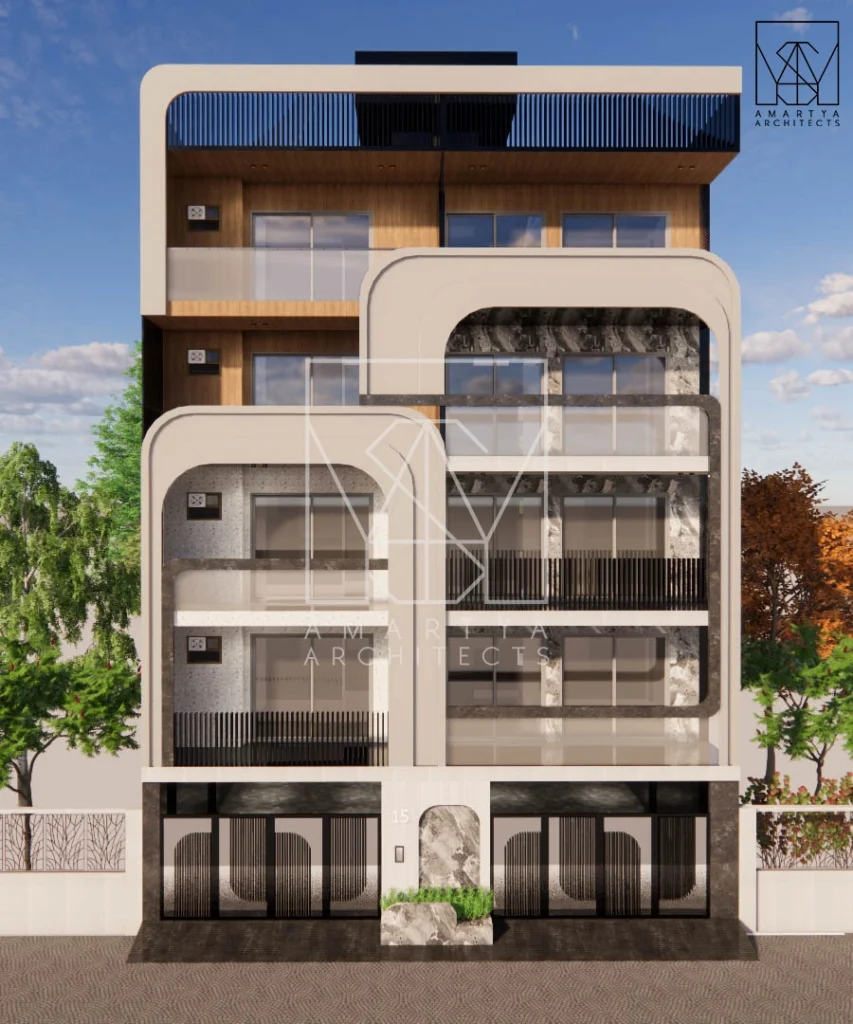 Modern residential building elevation with curved balconies, stone textures, and glass railings, designed by Amartya Architects showcasing contemporary urban home architecture.