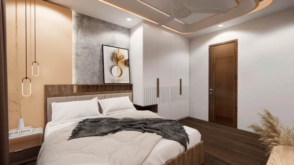 Modern master bedroom interior design by home interior designer near me, featuring custom bed, wardrobe design and luxury residential interiors in Delhi NCR.