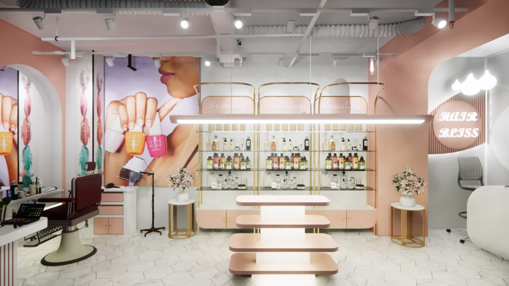 Luxury salon interior design with pastel color palette, custom display units, branding wall and professional styling stations, designed by commercial interior designers near me and interior design firms near me offering salon and retail interior design services.