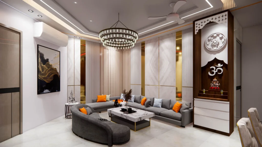 F-5 Sai Apartment modern residential interior design with luxury living room by home interior designers in Delhi
