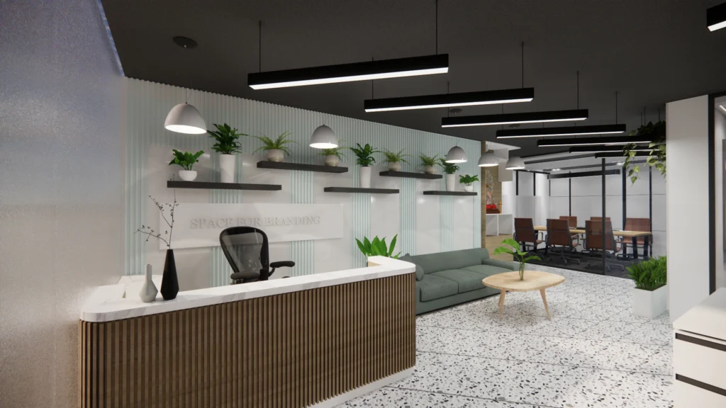 Reception area of corporate office architecture with modern commercial interior design by Amartya Architects