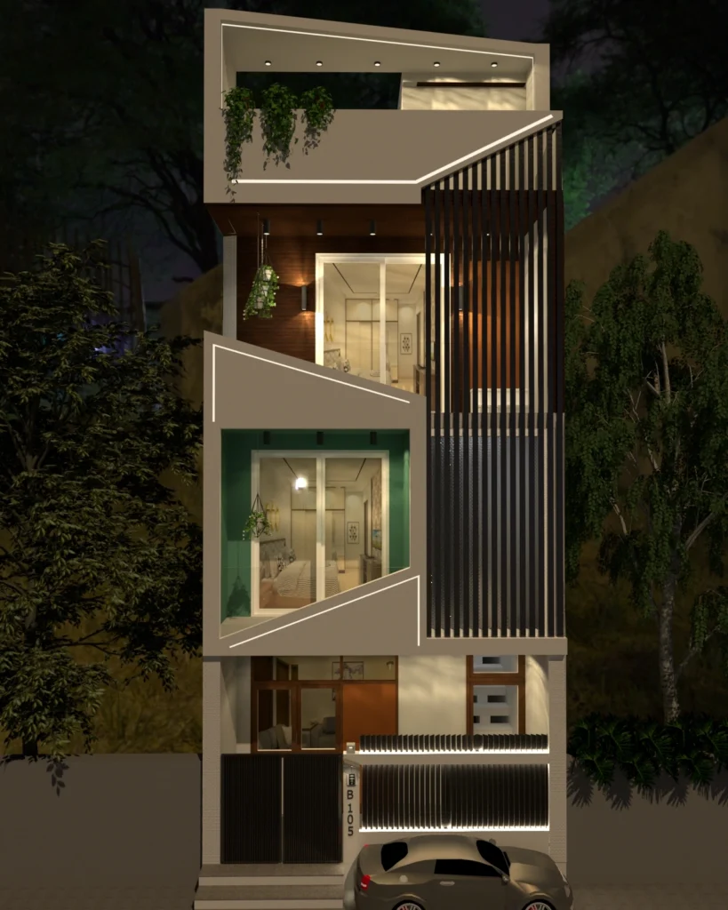 Modern narrow plot house elevation night view with geometric façade, vertical fins and warm lighting by Amartya Architects showcasing contemporary residential architecture.