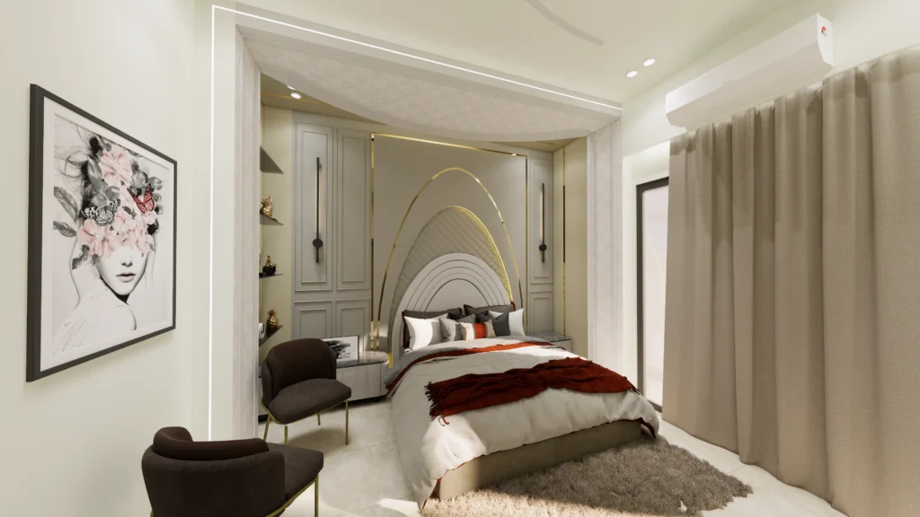 architectural design services near me luxury modern bedroom interior with custom bed design, wardrobes and ambient lighting by Amartya Architects