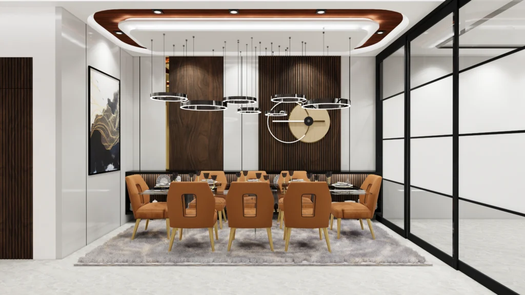 Modern living and dining space with custom interiors by Amartya Architects, domestic architects near me