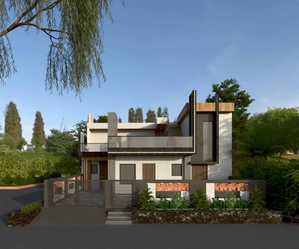 Front view of a modern villa with compound wall, greenery and minimal façade styling, thoughtfully designed by Amartya Architects.