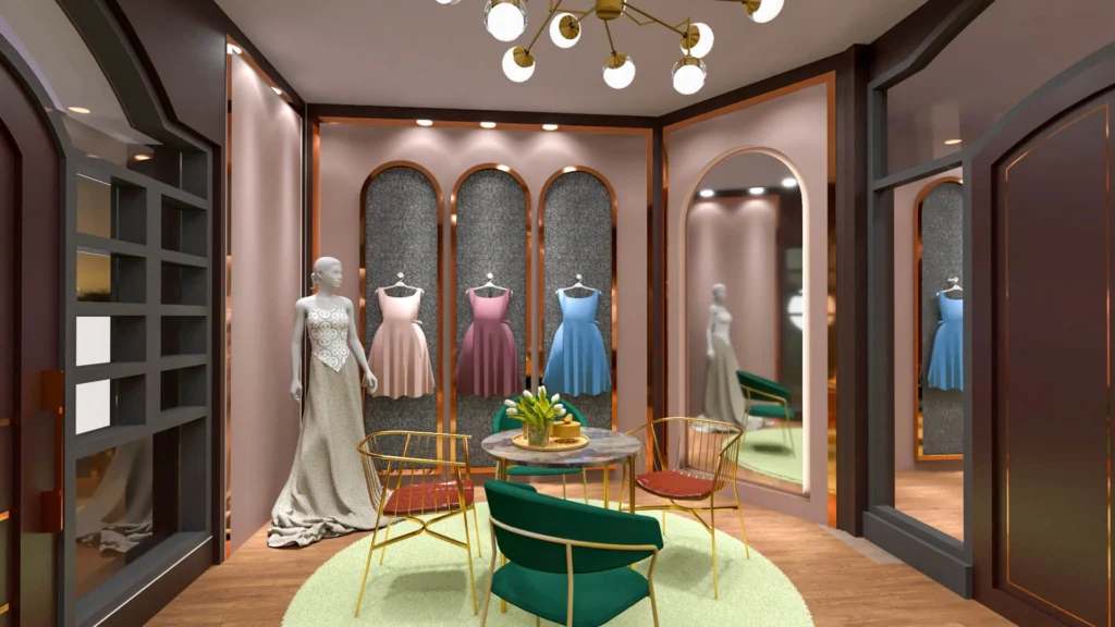 Luxury boutique showroom interior with designer trial seating, mannequins display, arched wall niches, warm lighting and premium finishes, designed by commercial interior designers near me and showroom architecture specialists offering retail interior design services.