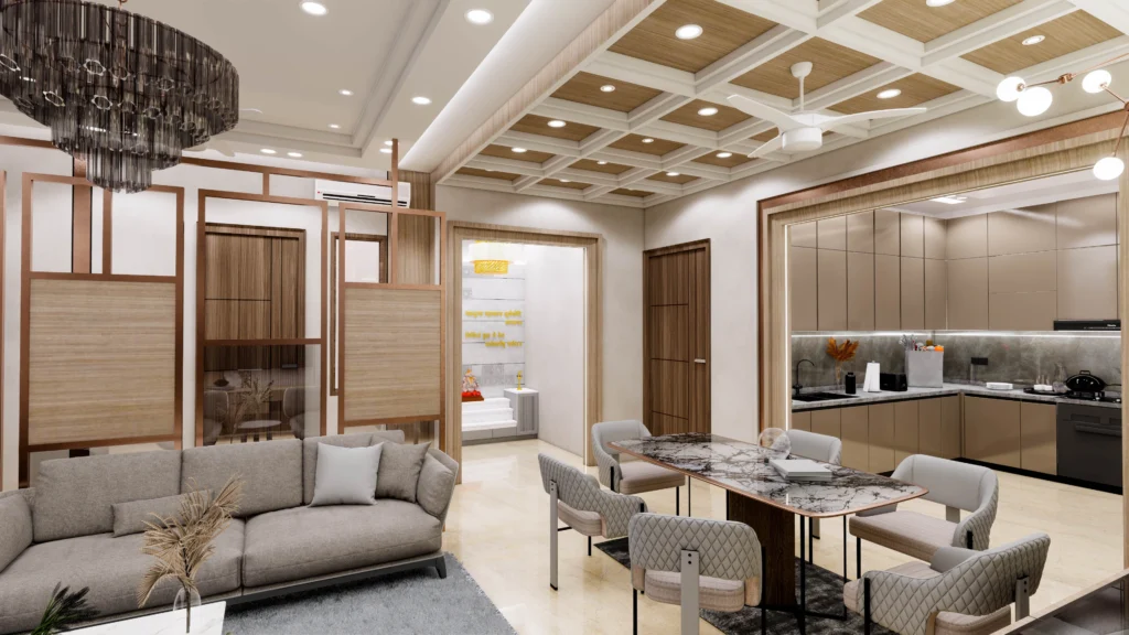 Elegant living and dining interior with coffered ceiling, wooden finishes and modern furniture, designed by Amartya Architects.
