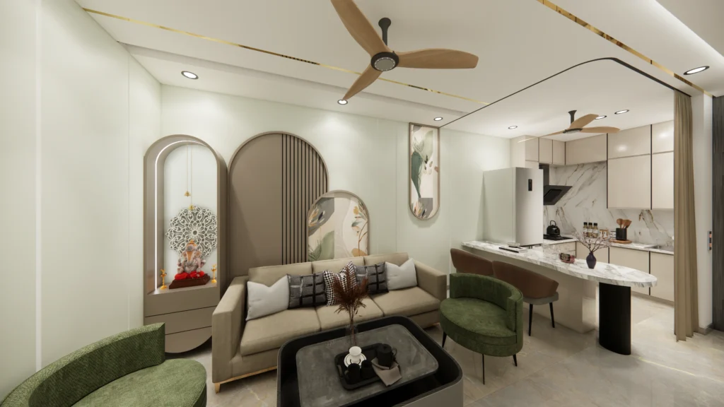 Modern living room interior design with open kitchen by professional interior designer near me, featuring contemporary furniture, custom TV wall, modular kitchen and premium finishes for residential home interior in Delhi NCR.
