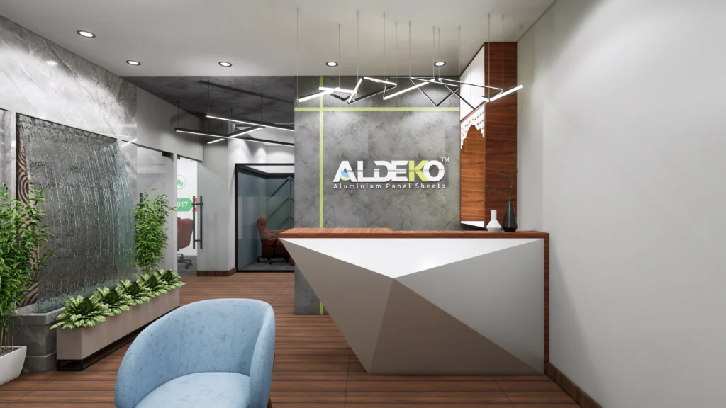 Modern office reception interior with geometric reception desk, textured feature wall, indoor plants and contemporary lighting design