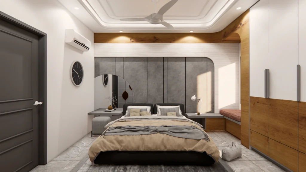 Modern bedroom interior with upholstered bed, wooden wardrobe and soft cove lighting designed by residential architects for elegant home design