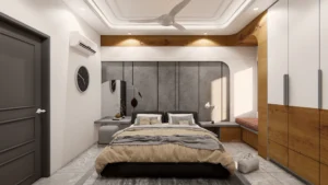 Modern bedroom interior with upholstered bed, wooden wardrobe and soft cove lighting designed by residential architects for elegant home design