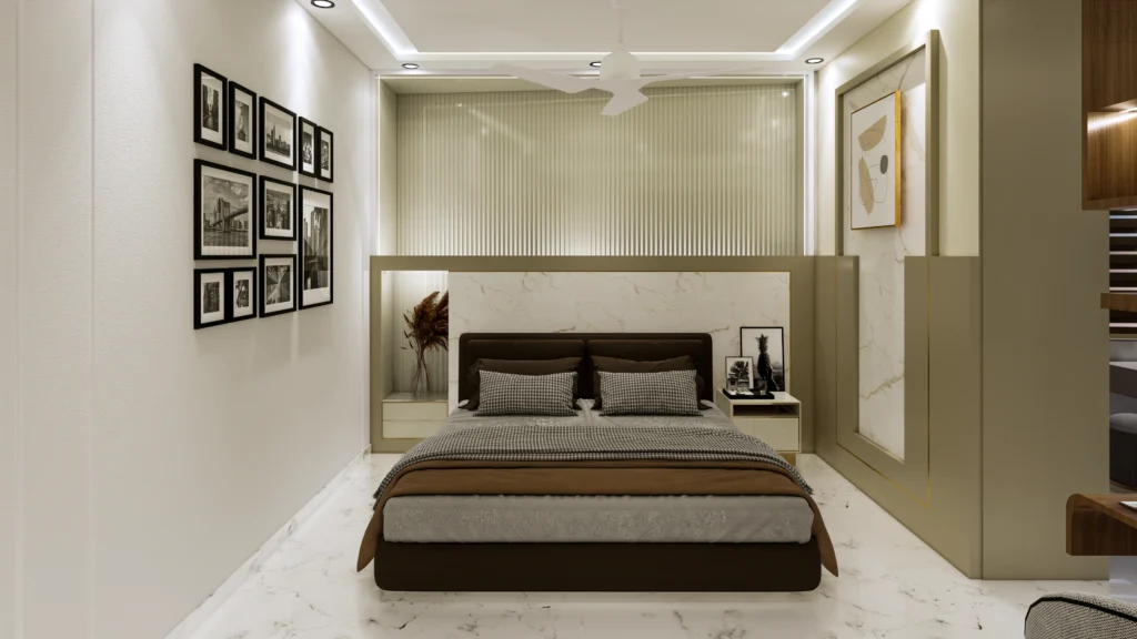 Modern master bedroom interior design by home interior designer near me in Delhi featuring custom bed back panel, false ceiling lighting and minimalist decor