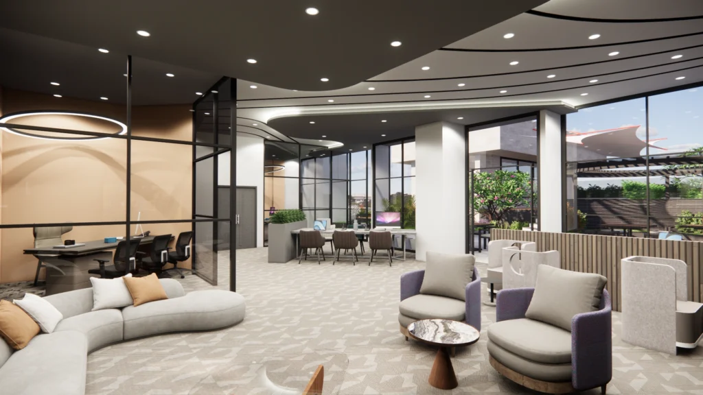 Modern commercial office interior with lounge seating, glass cabins and curved ceiling design by Amartya Architects, showcasing premium interior design expertise.