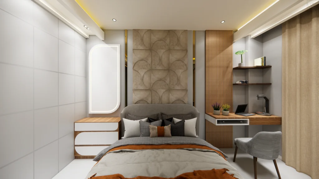 Modern bedroom interior design by residential architects in delhi featuring contemporary furniture and lighting by Amartya Architects