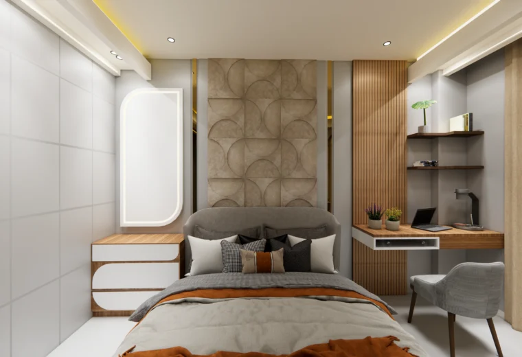 Modern bedroom interior design by residential architects in delhi featuring contemporary furniture and lighting by Amartya Architects