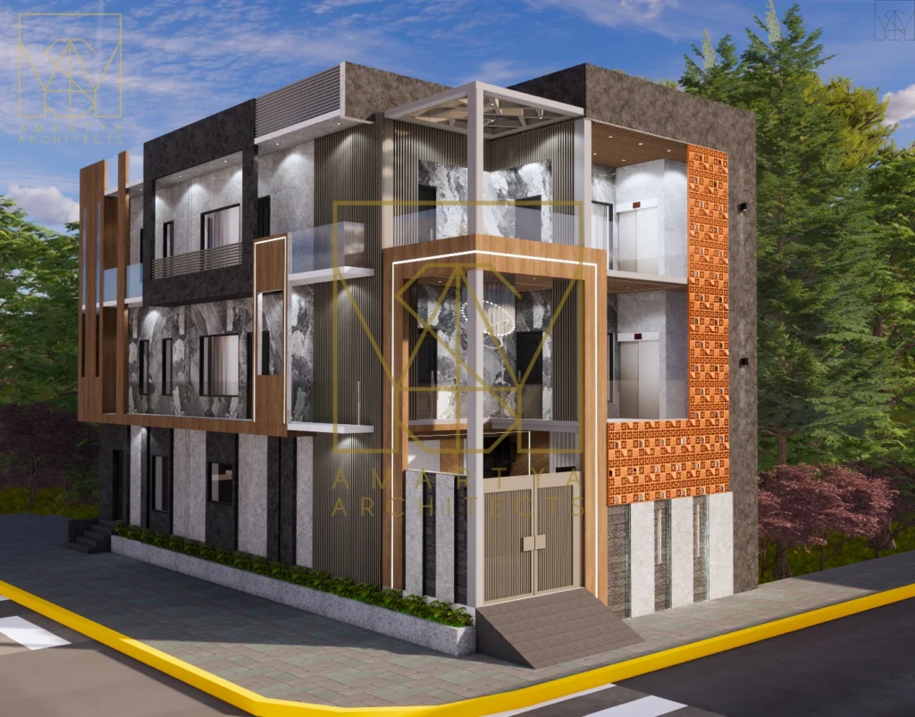 Modern residential building elevation with contemporary façade design, exposed brickwork, stone cladding and balcony detailing, designed by residential architects near me and modern residential architects offering home architecture design services in Delhi NCR.