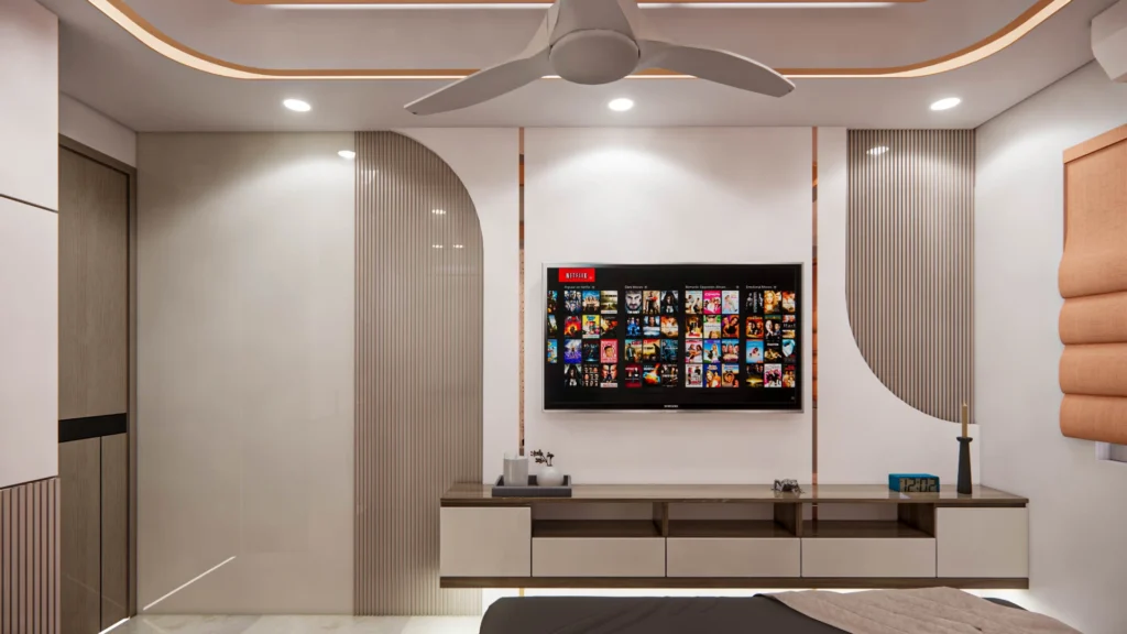 Minimal bedroom TV unit and wall panel interior design at F-5 Sai Apartment