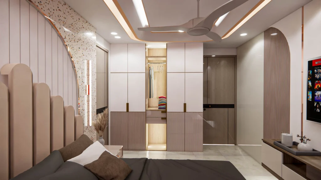 Modern master bedroom interior design with custom wardrobe and ceiling design in Delhi apartment