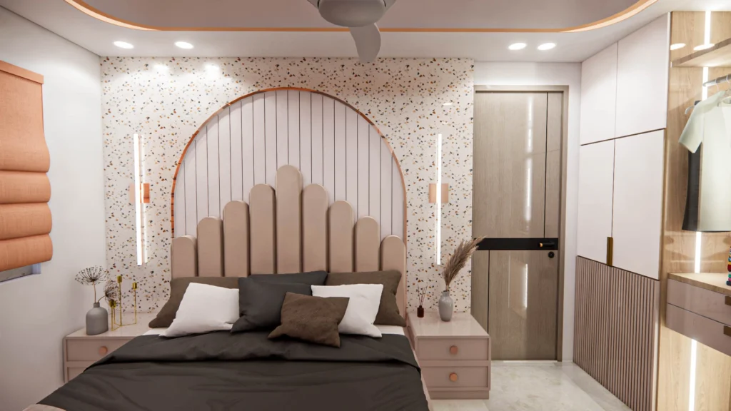 Elegant bedroom interior design with upholstered headboard and contemporary lighting for residential apartment