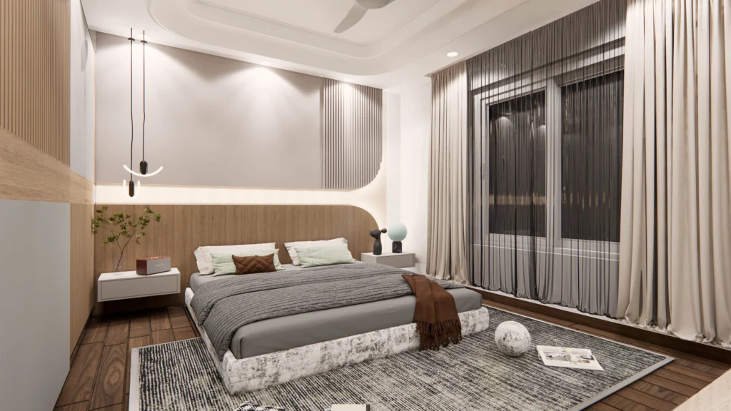 Minimal modern bedroom interior by interior designer near me for home, featuring soft lighting, custom furniture and contemporary residential design.