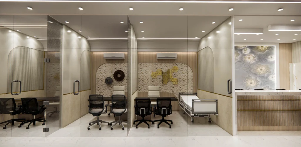 Doctor consultation cabin interior with glass partitions, ergonomic seating and warm finishes, designed by Amartya Architects for modern clinic spaces.