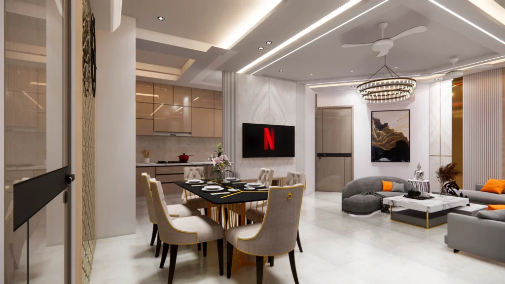 Open living and dining room interior design with modern furniture in residential apartment Delhi