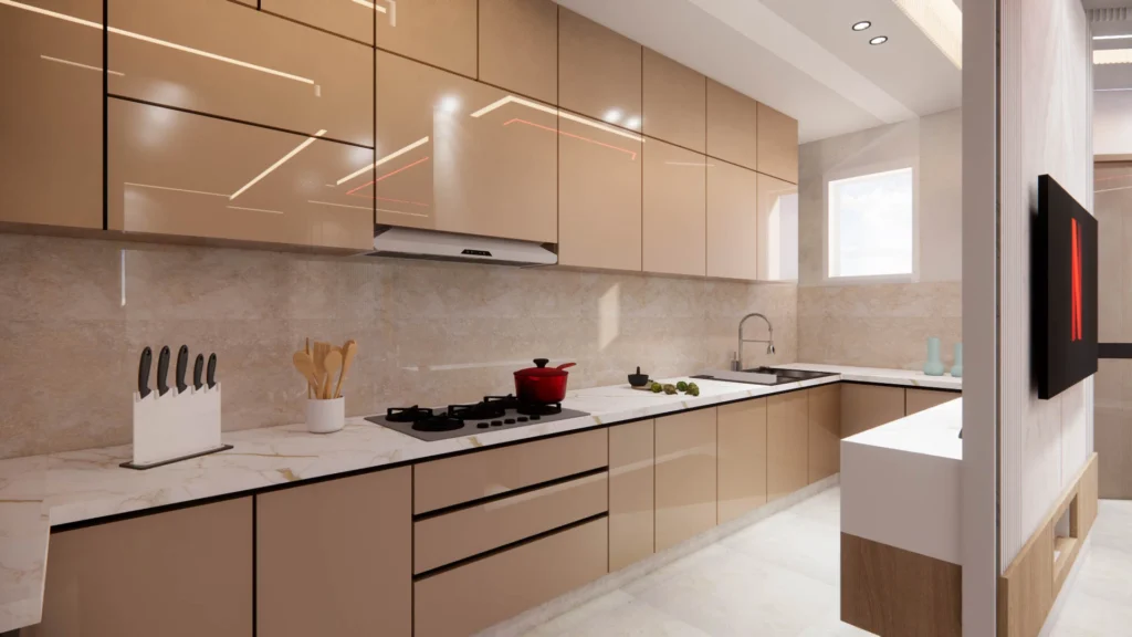 Modular kitchen interior design with glossy cabinets and modern lighting in residential home