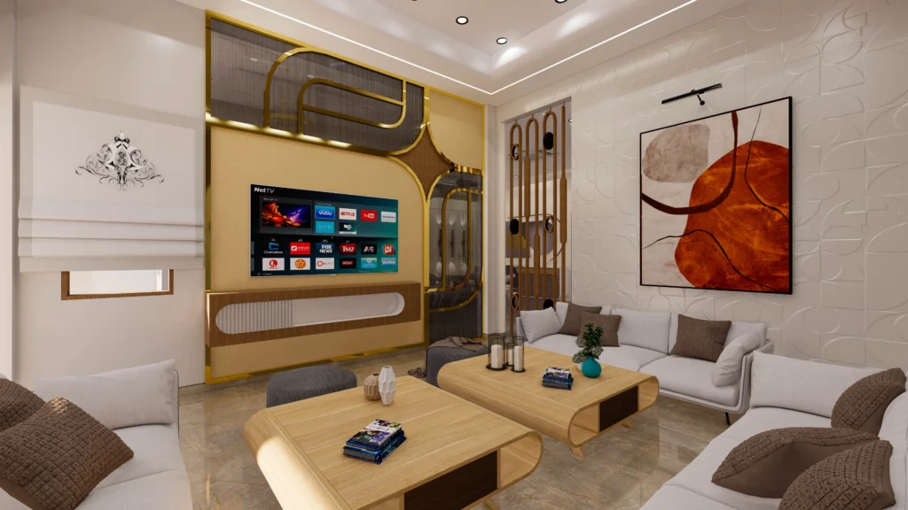 Modern drawing room interior with custom TV wall design, wooden furniture, accent lighting and stylish décor, designed by living room interior designers near me and best interior designers near me.