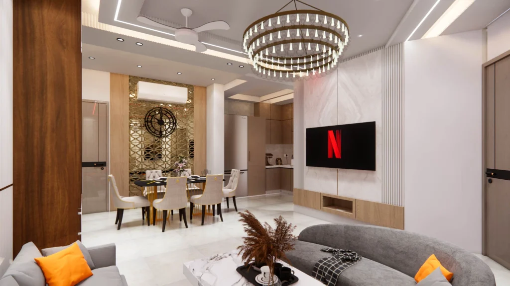 Luxury living room interior design with chandelier and false ceiling in Delhi apartment