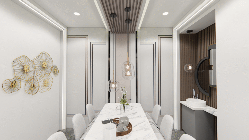 Modern dining area interior design by professional interior designer near me, featuring marble dining table, designer lighting and contemporary home interior in Delhi NCR